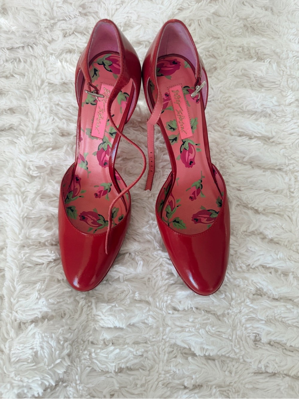 Betsey Johnson Red Patent Mary Jane Heels with Floral Insole